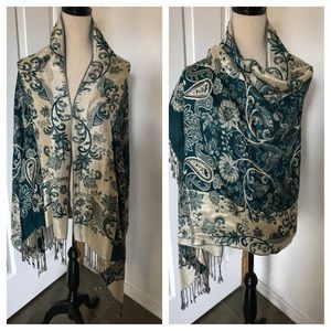 VTG Pashmina Scarf Shawl Wrap Metallic Teal Boho